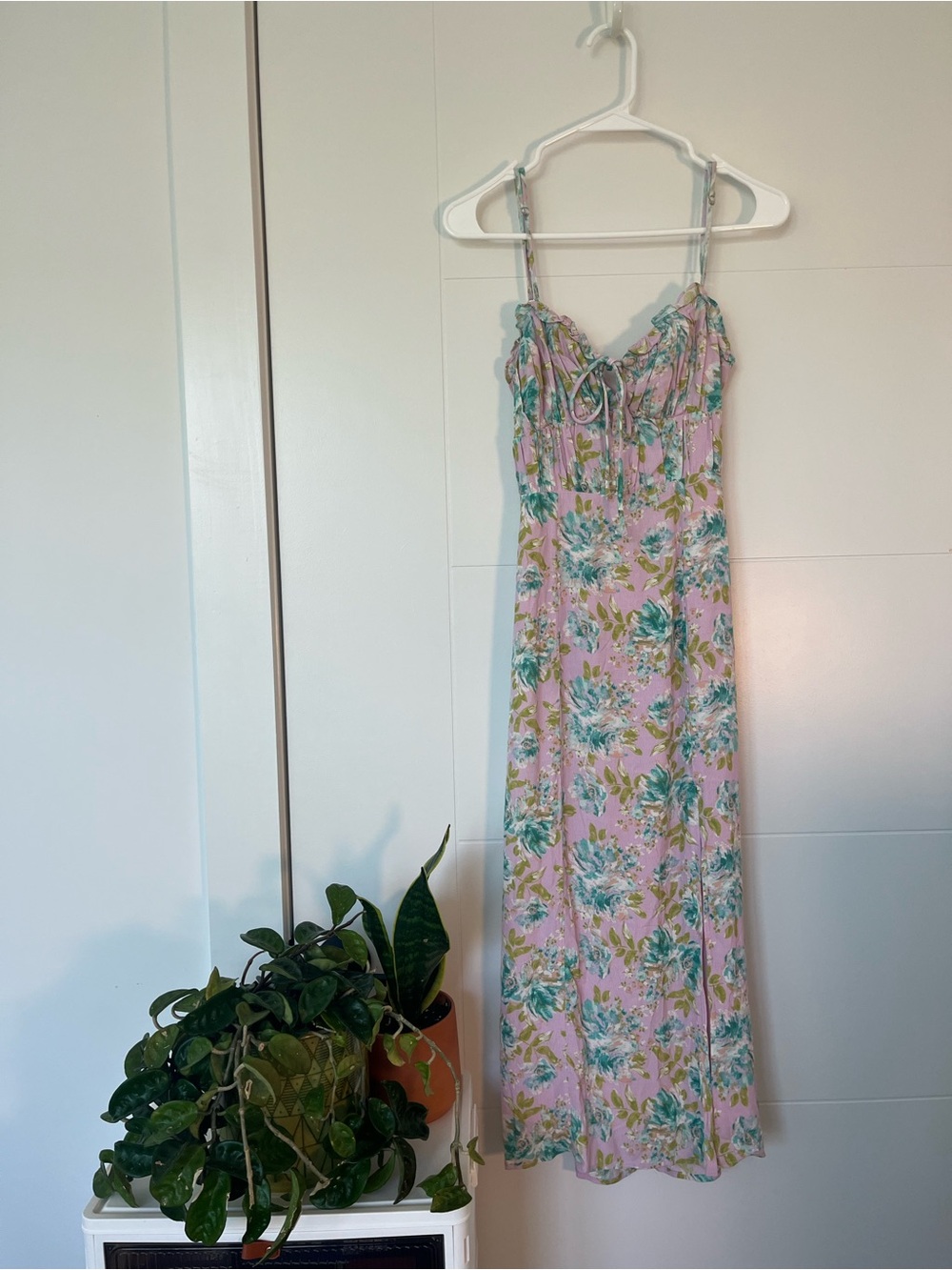 ASTR Floral Pink Maxi Slip Dress with Green Blue Accents